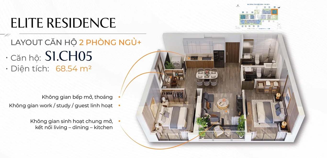 Layout thiết kế căn hộ 2PN+ The Harbor Skyline Vũ Yên