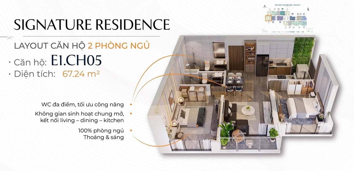 Layout thiết kế căn hộ 2PN The Harbor Skyline Vũ Yên