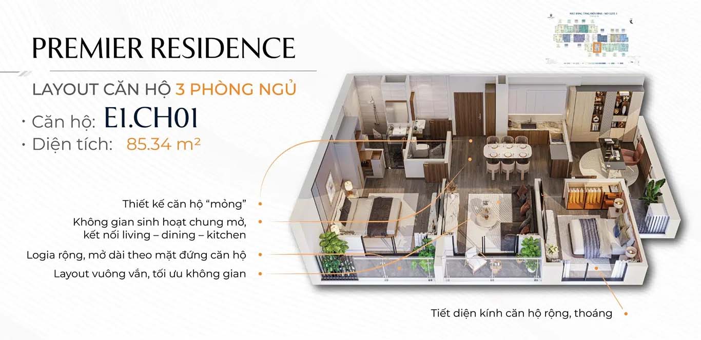Layout thiết kế căn hộ 3PN The Harbor Skyline Vũ Yên