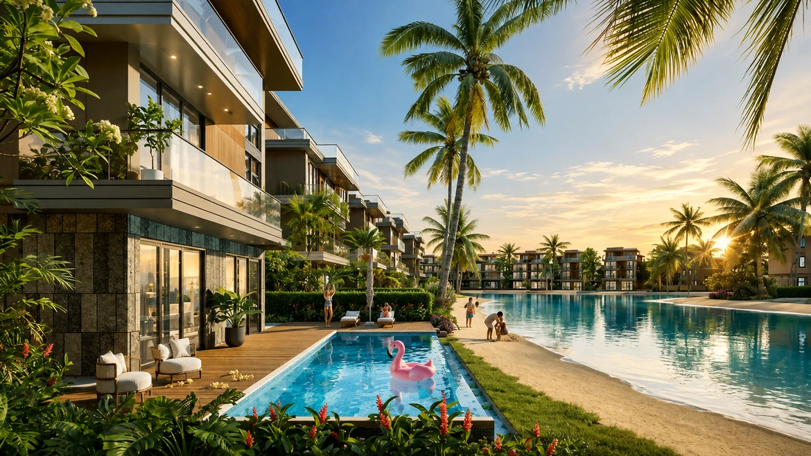 Phối cảnh phân khu The Tropic Hoàng Thành với biển nước mặn sau nhà