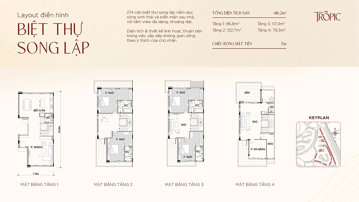 Layout điển hình biệt thự song lập The Tropic 180m2