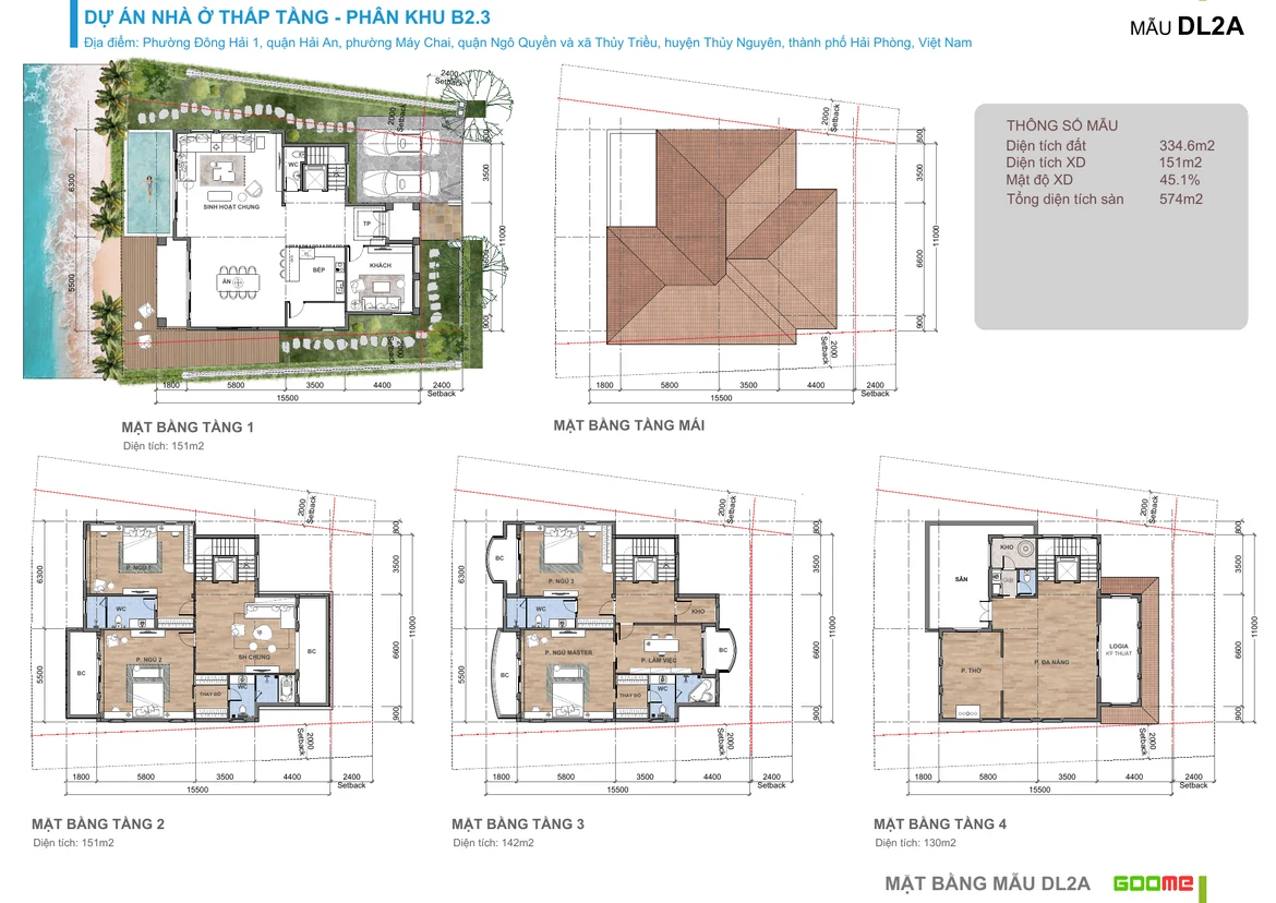 Layout thiết kế từng tầng biệt thự đơn lập DL2A 335 m2