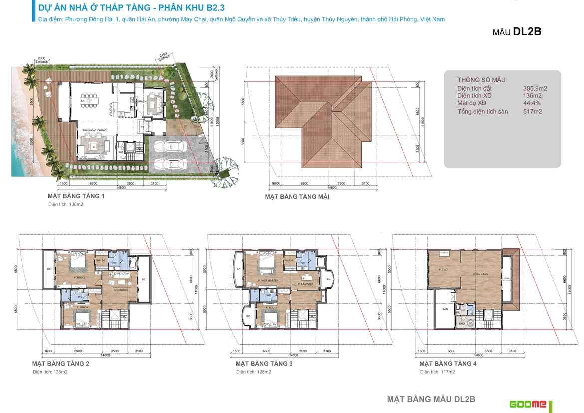 Layout thiết kế từng tầng biệt thự đơn lập DL2B 306 m2