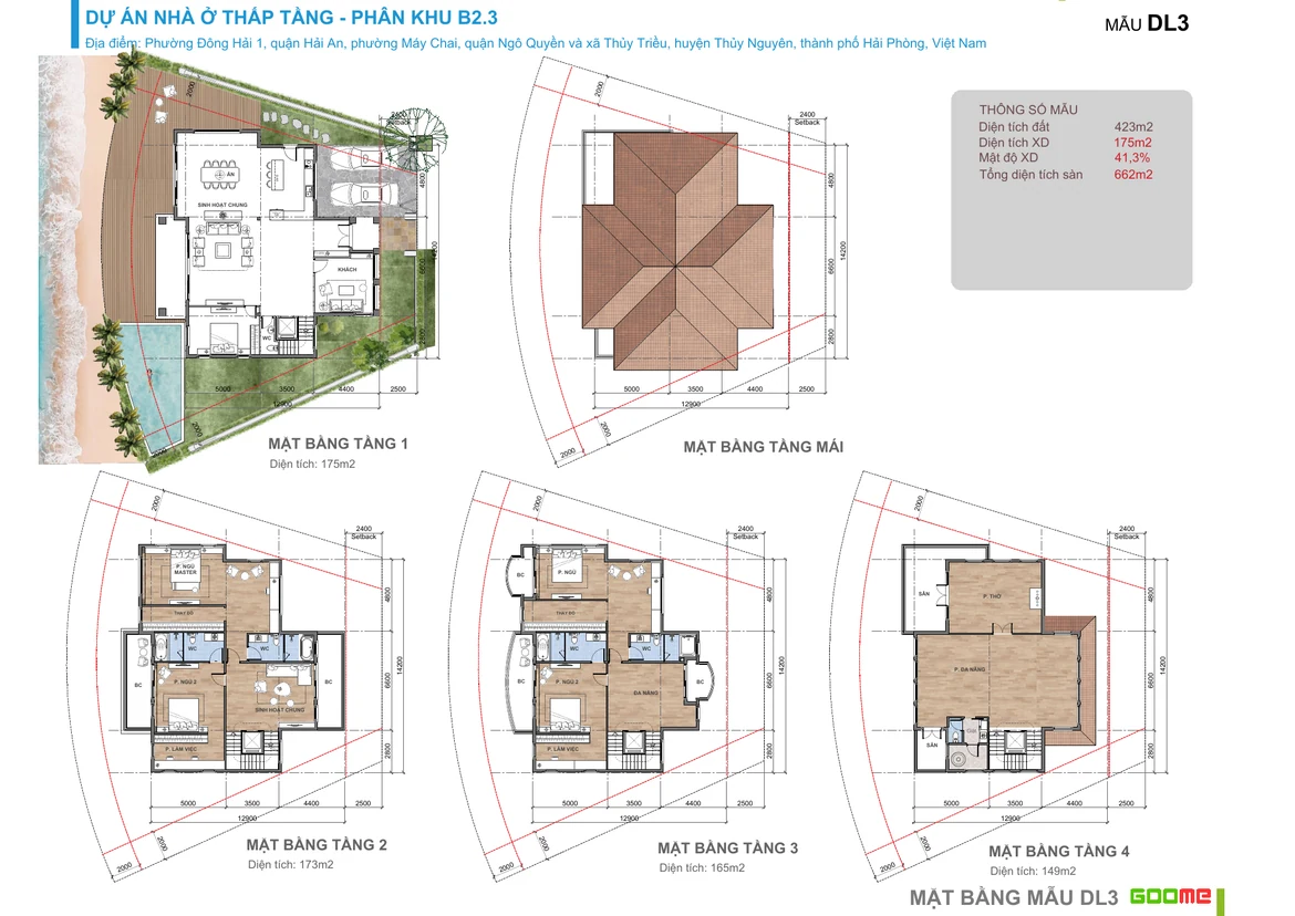 Layout biệt thự đơn lập Đảo Thiên Đường DL3 423m2 từng tầng